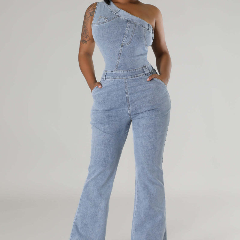 Washed Denim Jumpsuit Flared Leg