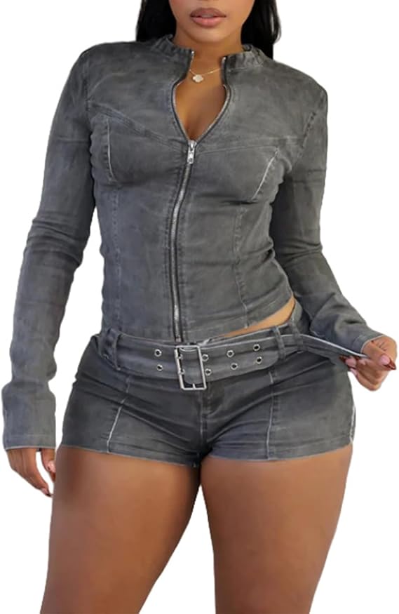 Y2K Denim Zip Up Cropped Jean Jacket Shorts Sets