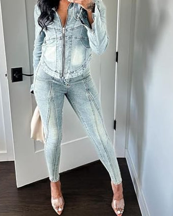 Denim Zip Up Cropped Jacket Bodycon
