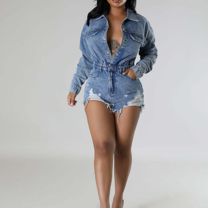 Ripped fringe loose washed denim jumpsuit