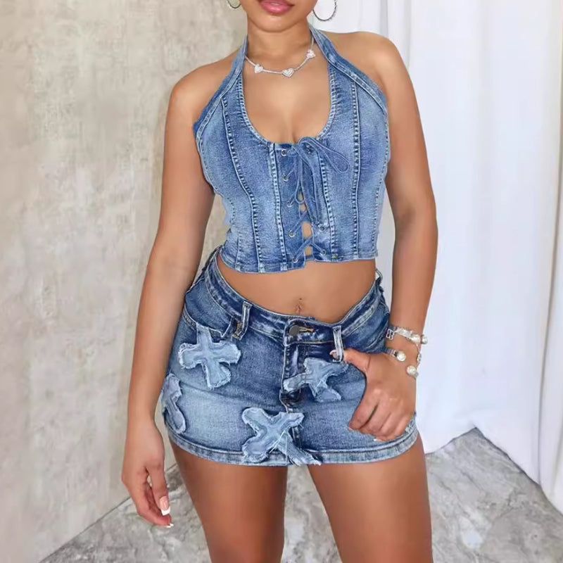 Cross stretch denim two-piece set