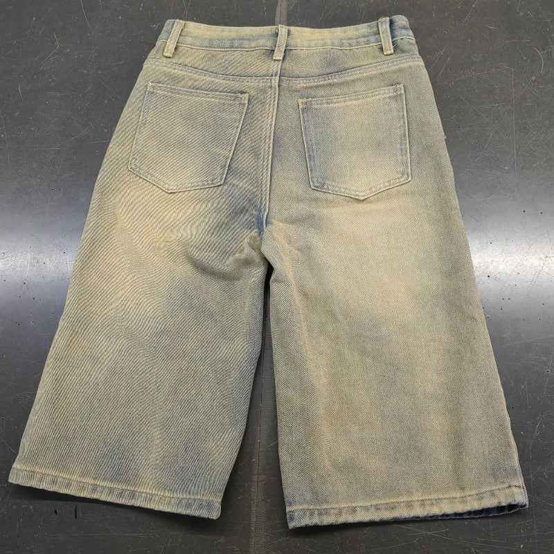 Vintage Washed Distressed Straight Wide-Leg Jeans