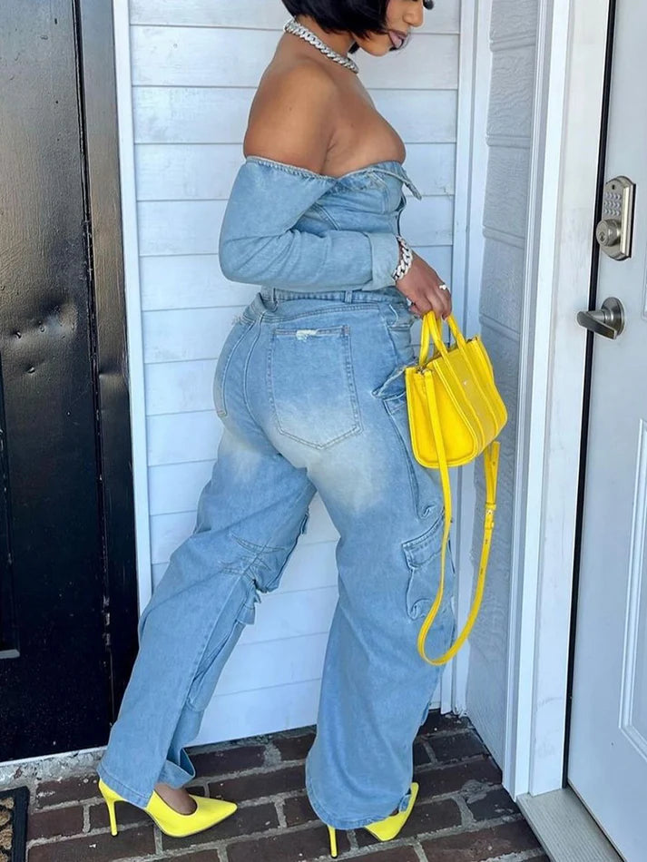 Off Shoulder Denim Jumpsuit