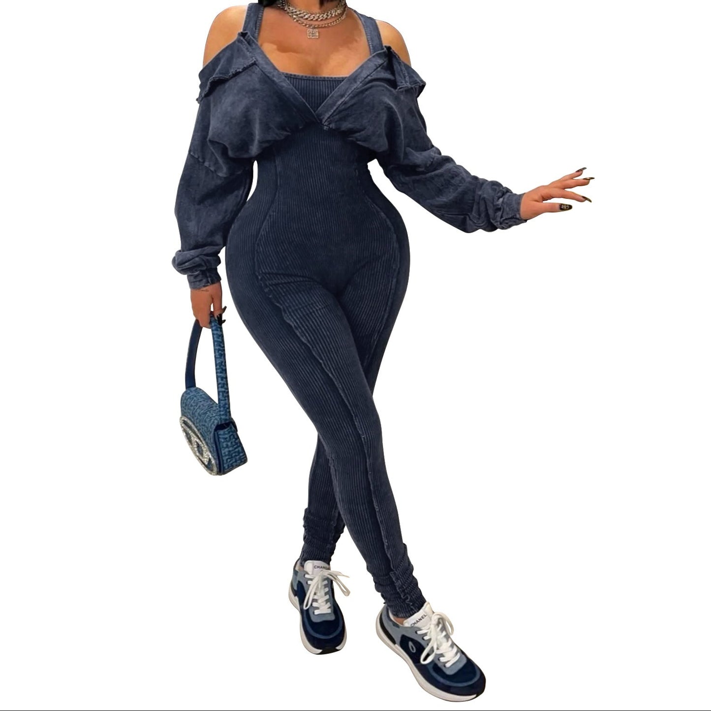 Distressed Off-Shoulder Bodycon Jumpsuit