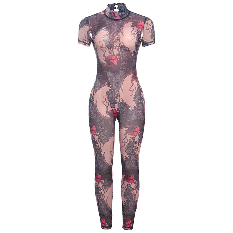 Fashionabl mesh see through printed backless jumpsuit
