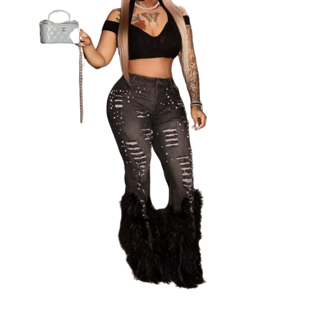 Pearl-Embellished Vintage Feather Jeans