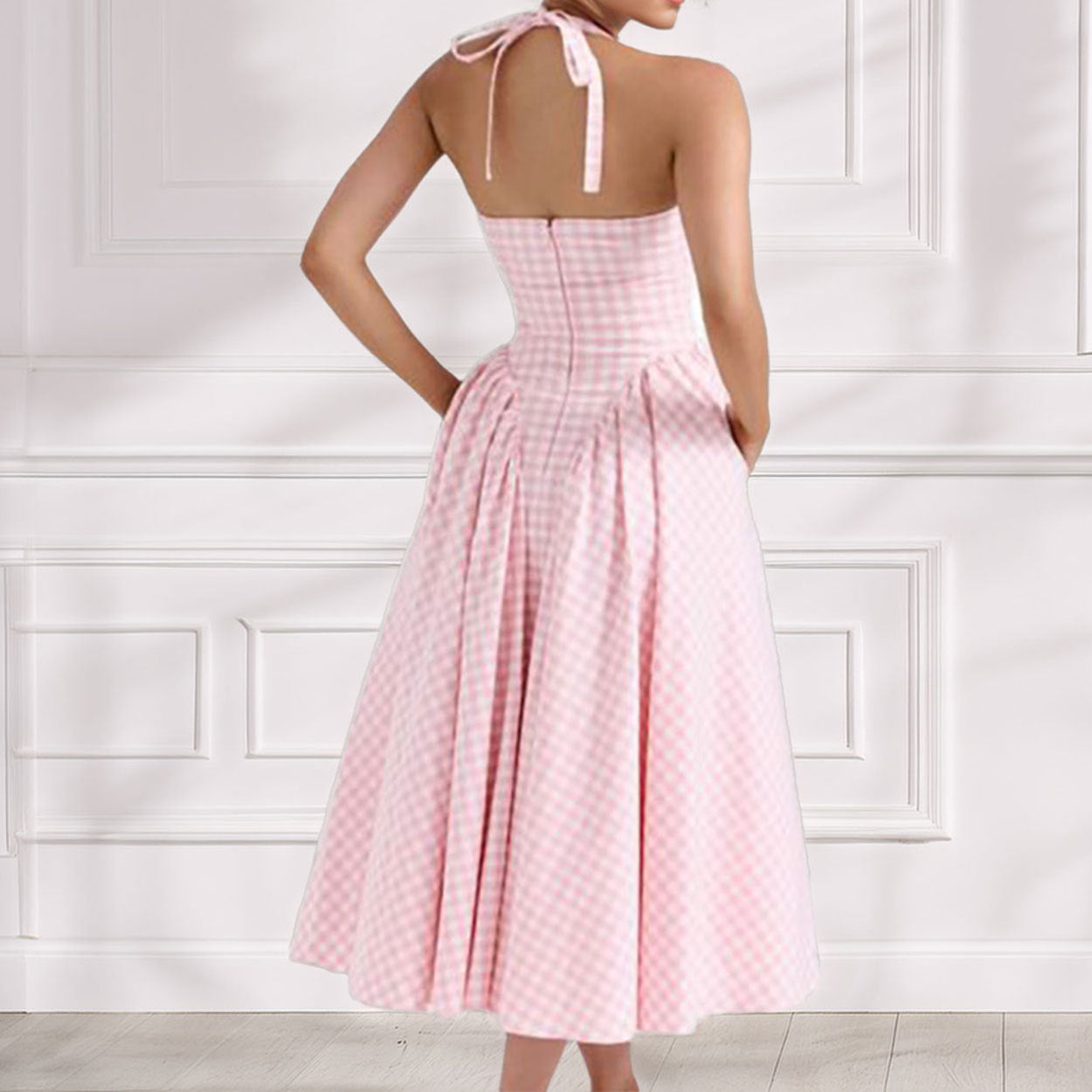 Waist-Cutout Halter V-Neck Pleated WrapDress