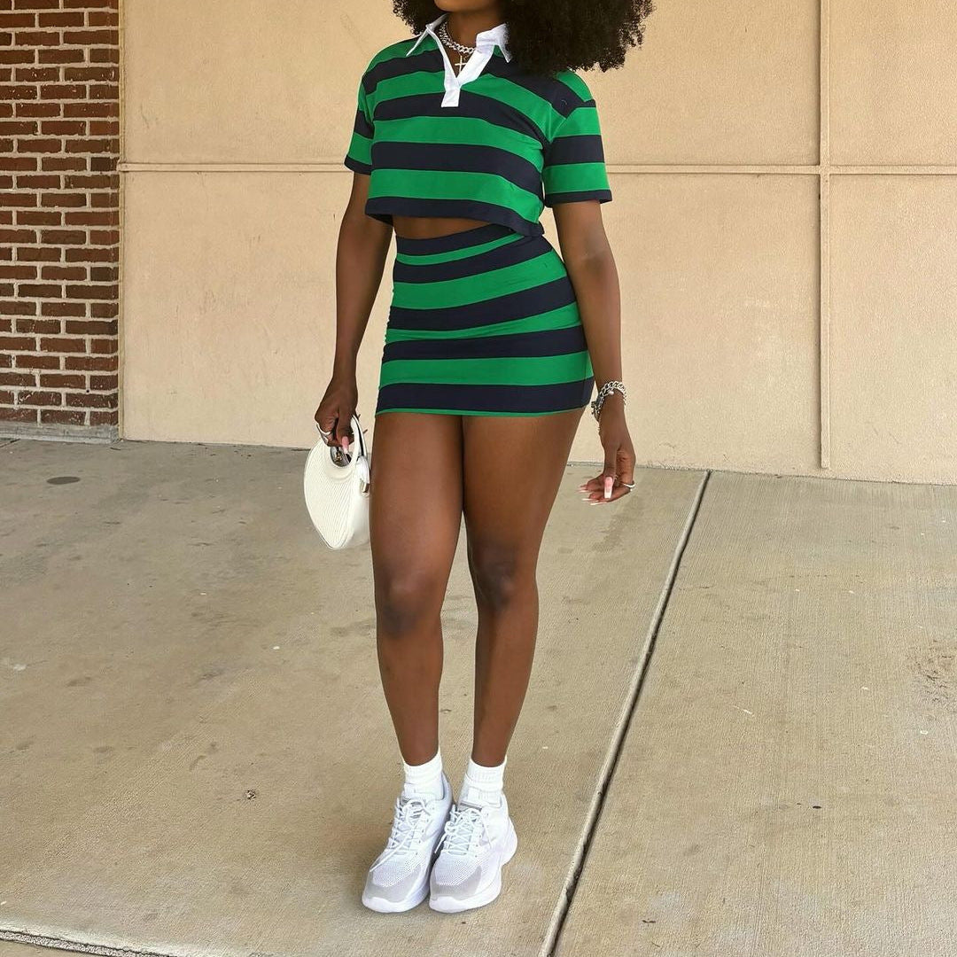 Striped Color-Blocking Bodycon Mini Skirt Set