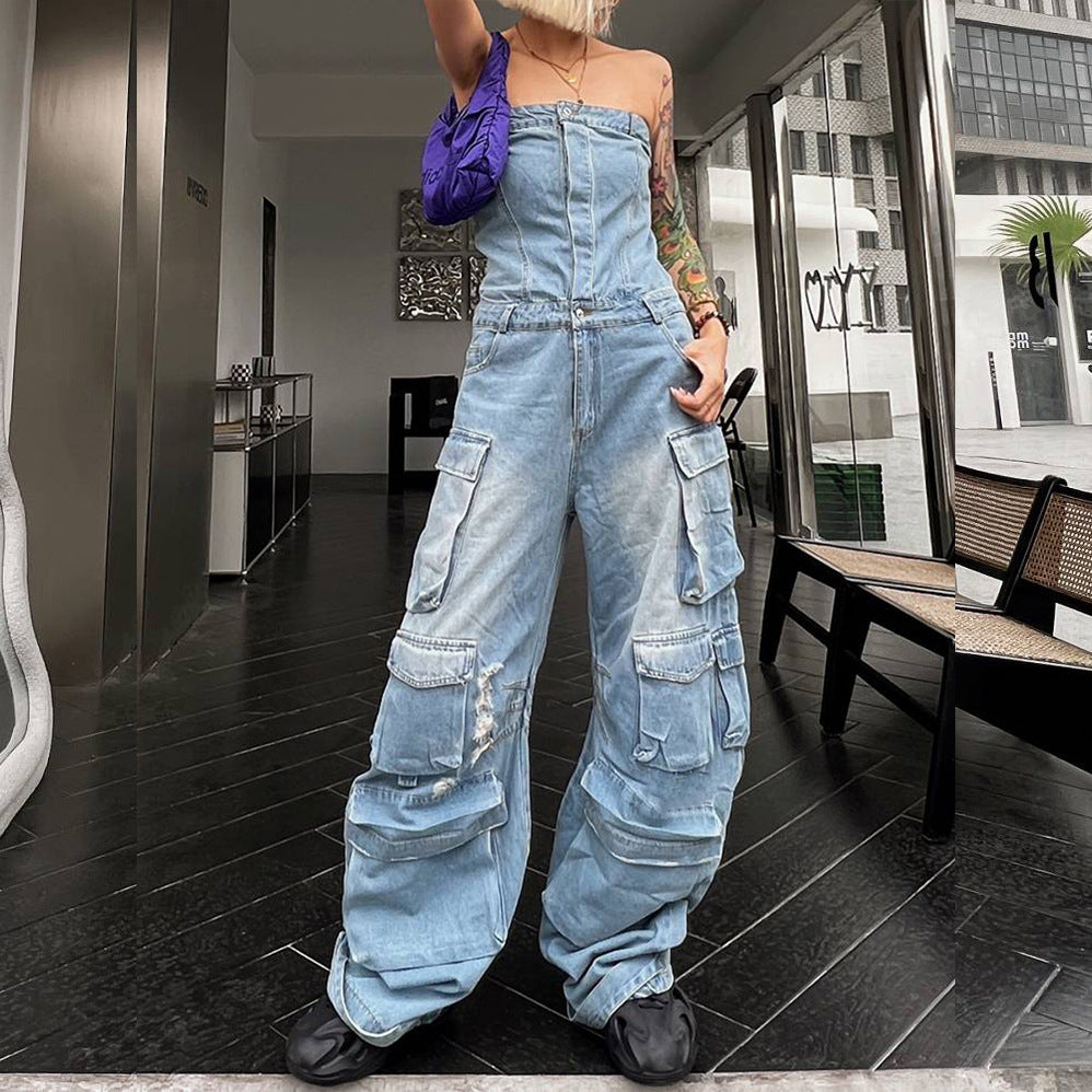 Denim Cargo Jumpsuit