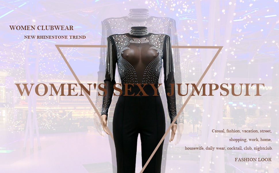 Sexy Elegant Mesh See Through Rhinestone Jumpsuits