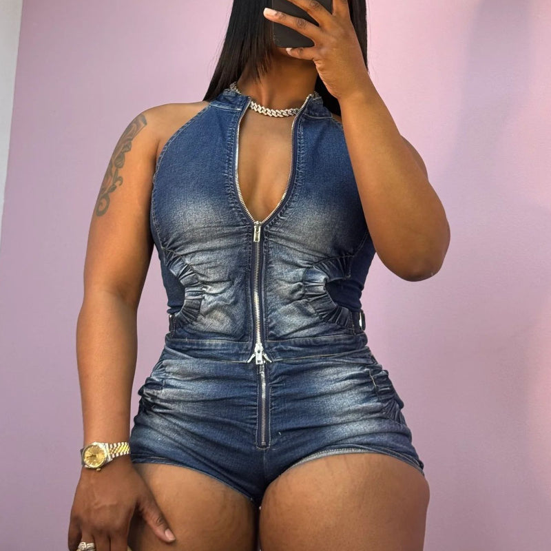 Zippered Halter Neck Denim Set