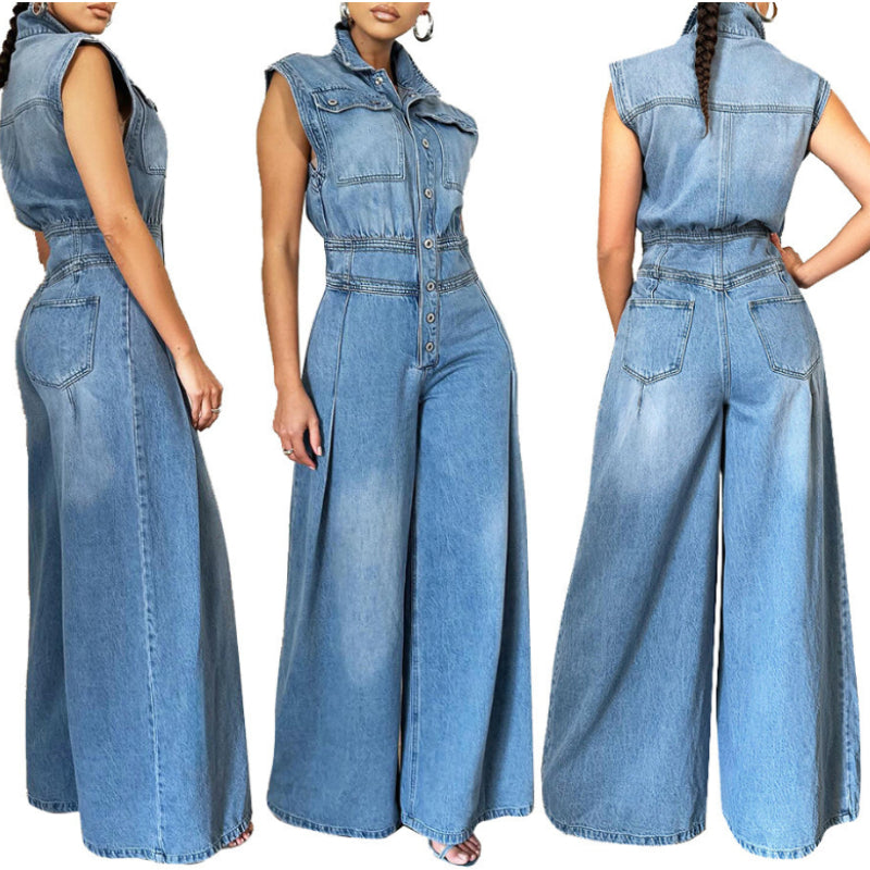 Washed sleeveless denim jumpsuit
