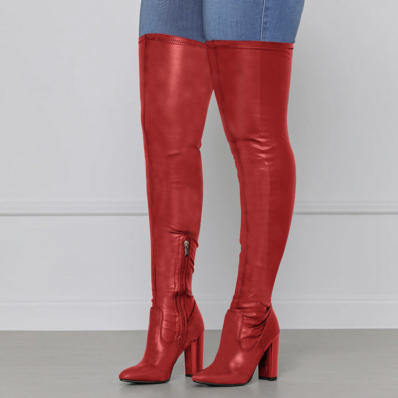 Side Zipper Chunk Heel Over Knee Boots