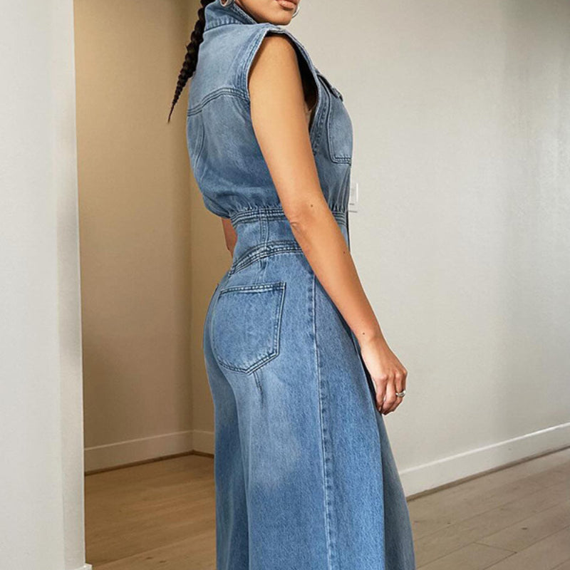 Washed sleeveless denim jumpsuit