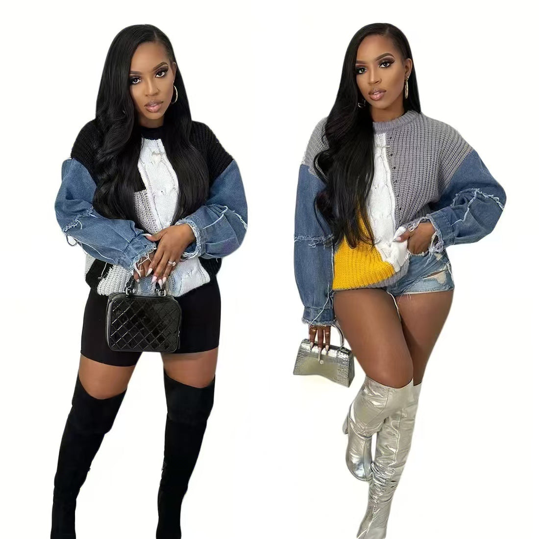 Denim patchwork knit sweater