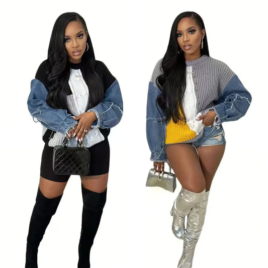 Denim patchwork knit sweater