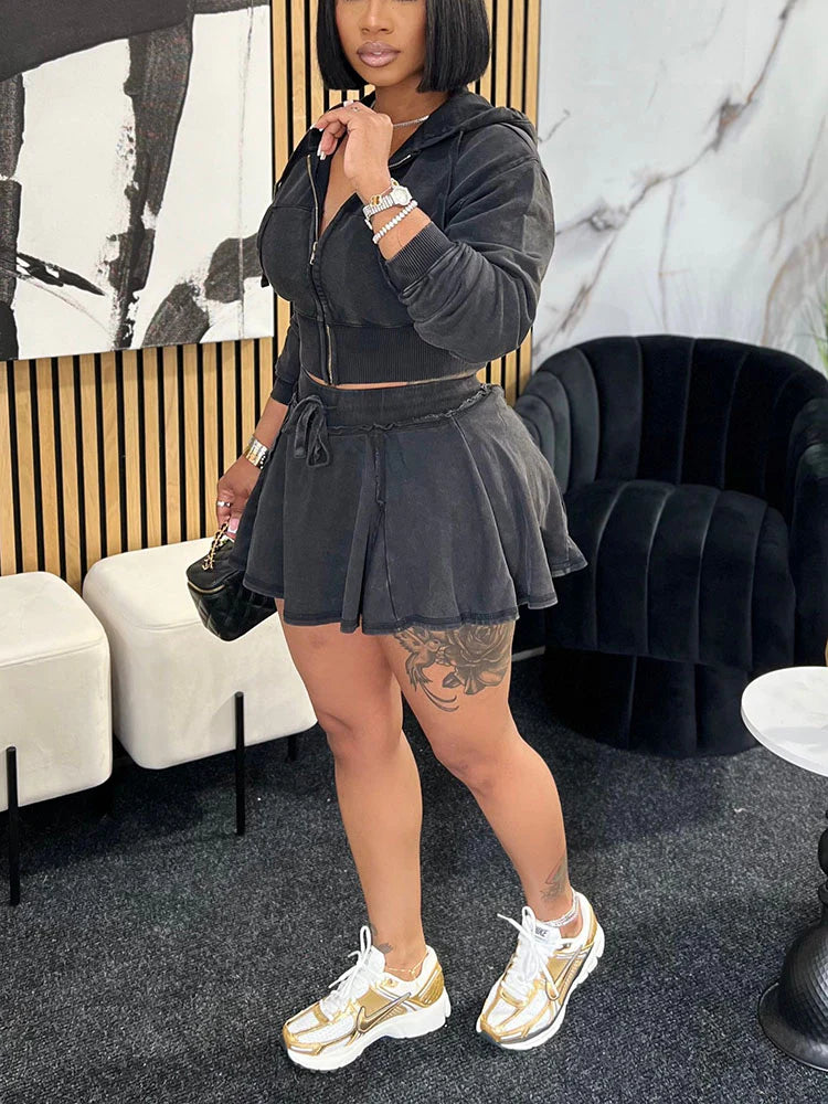 Washed Denim Skirt Set