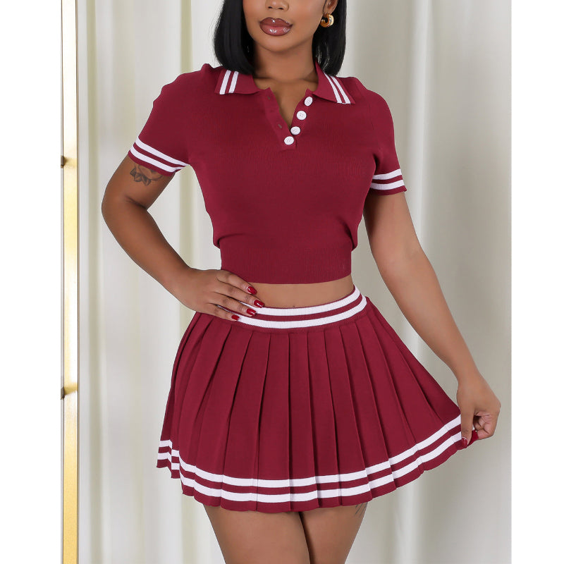 Color-blocked Knit Crop Polo Top with Skirt
