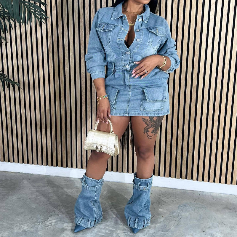 Sexy multi-pocket washed denim dress trio
