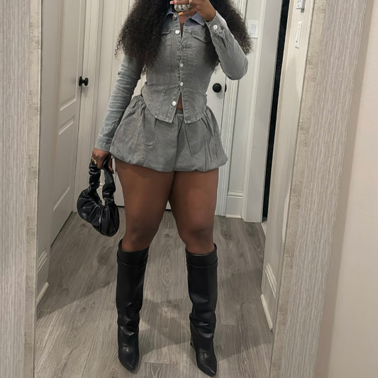 Slim-Fit Shirt Stretch Denim Skirt Set