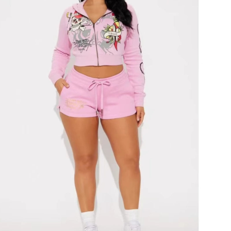 Exposed navel leopard print hoodie set