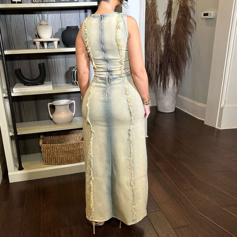 Ripped vest high-slit denim skirt set