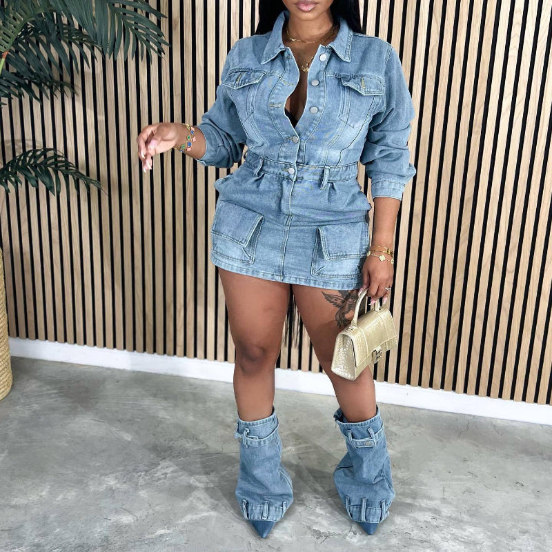 Sexy multi-pocket washed denim dress trio