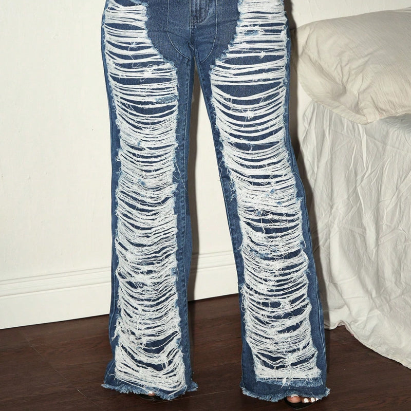 Feeling ripped jeans female loose wide-leg straight