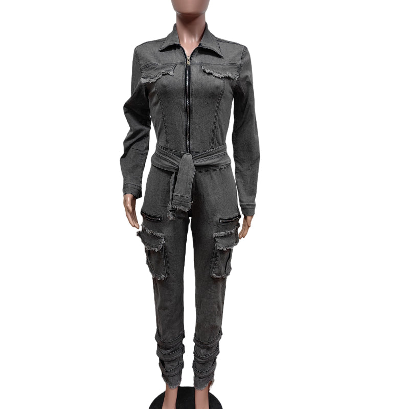 Stretch Slim-Fit Belted Jumpsuit