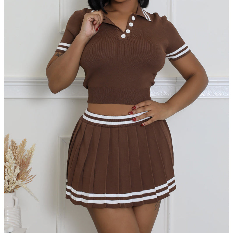 Color-blocked Knit Crop Polo Top with Skirt