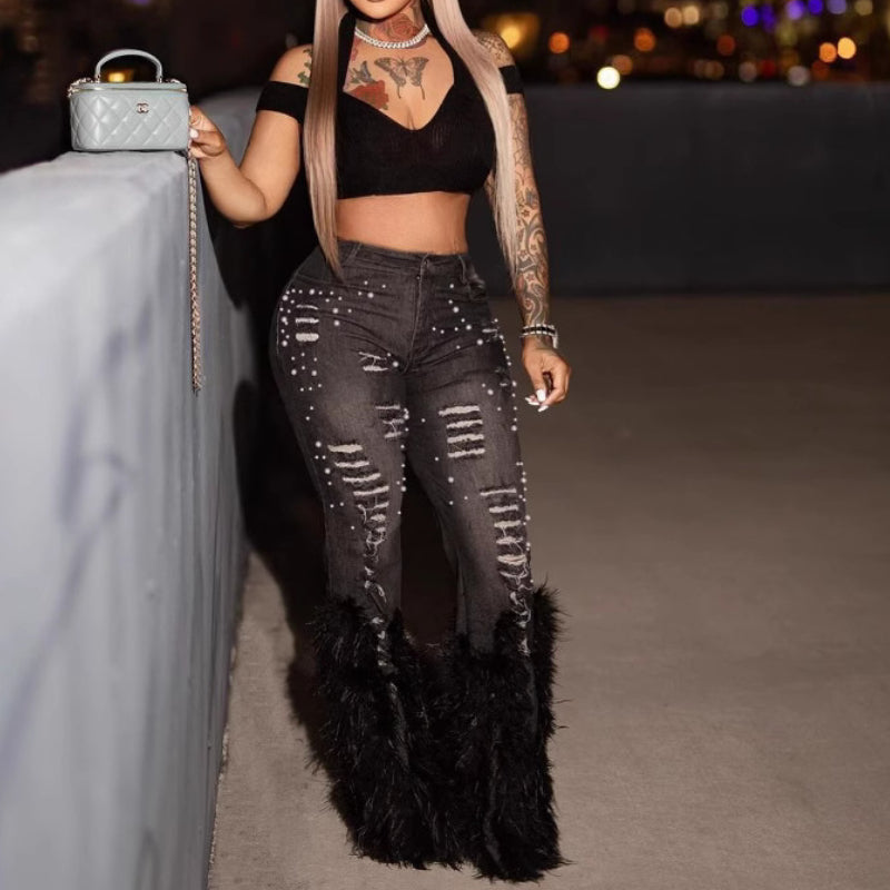Pearl-Embellished Vintage Feather Jeans