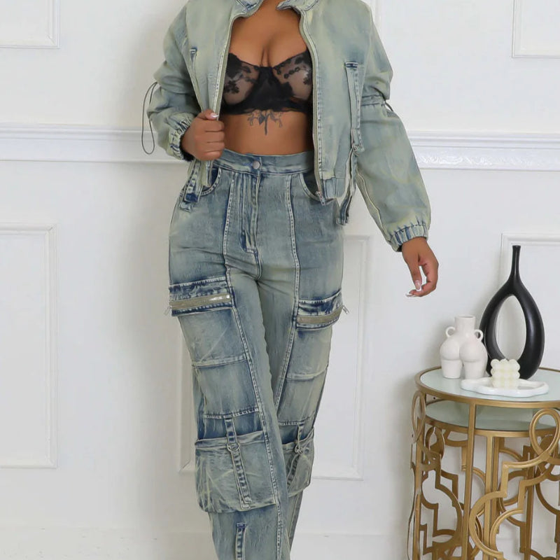 Long Sleeve Cropped Jean Jacket Cargo Pants with Pockets