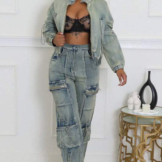 Long Sleeve Cropped Jean Jacket Cargo Pants with Pockets