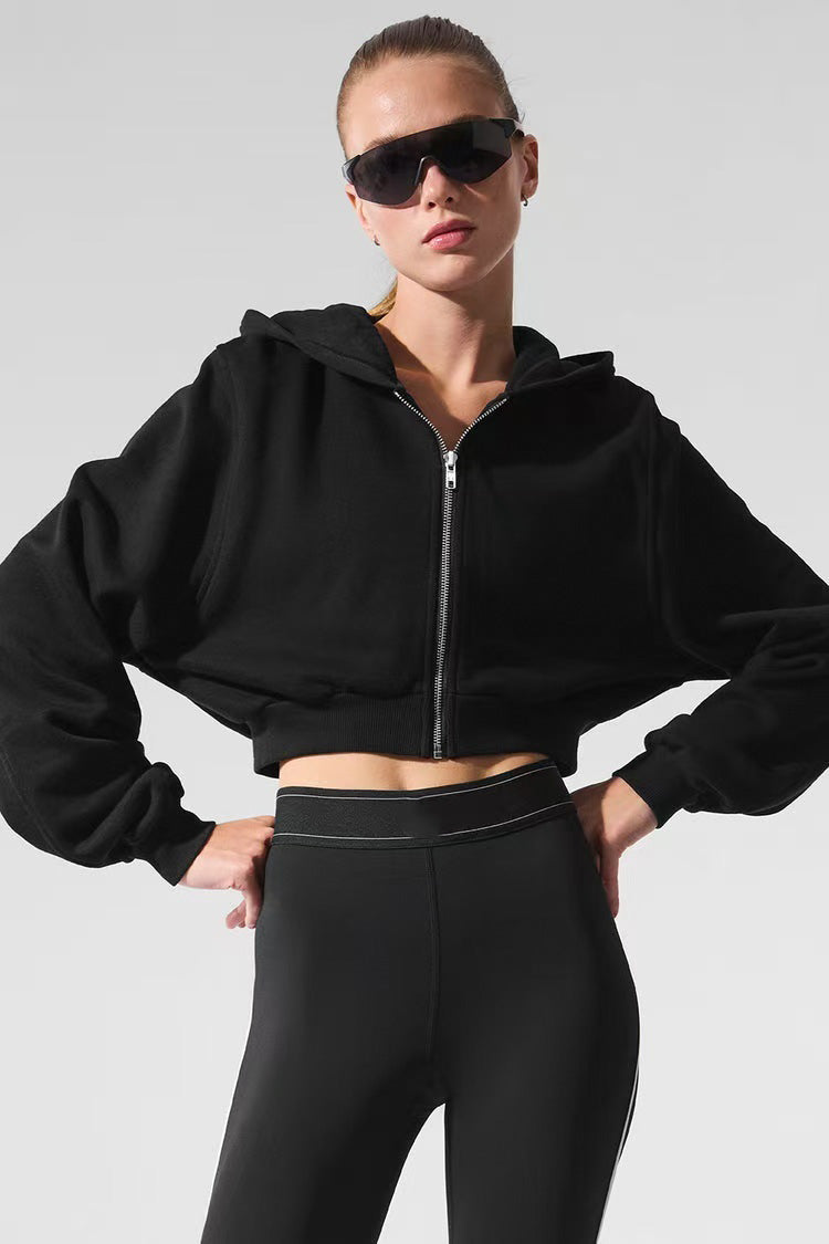 Women's Hooded Long-Sleeve Zip-Up Crop Top