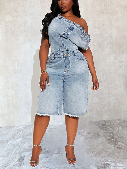 Off-Shoulder Denim Jumpsuit