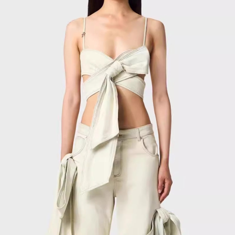 Bow bandeau distressed jeans set