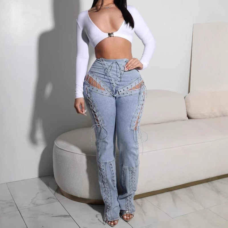 High-waisted  lace-up denim flare pants