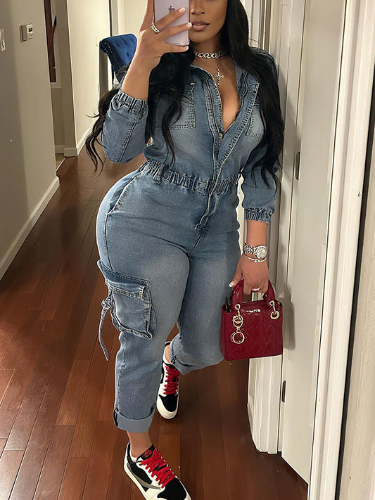 Denim Cargo Jumpsuit
