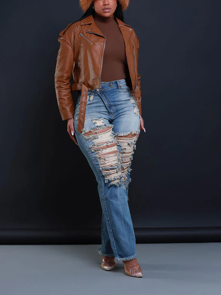 Distressed Asymmetrical Zip Jeans