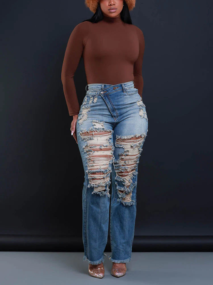 Distressed Asymmetrical Zip Jeans
