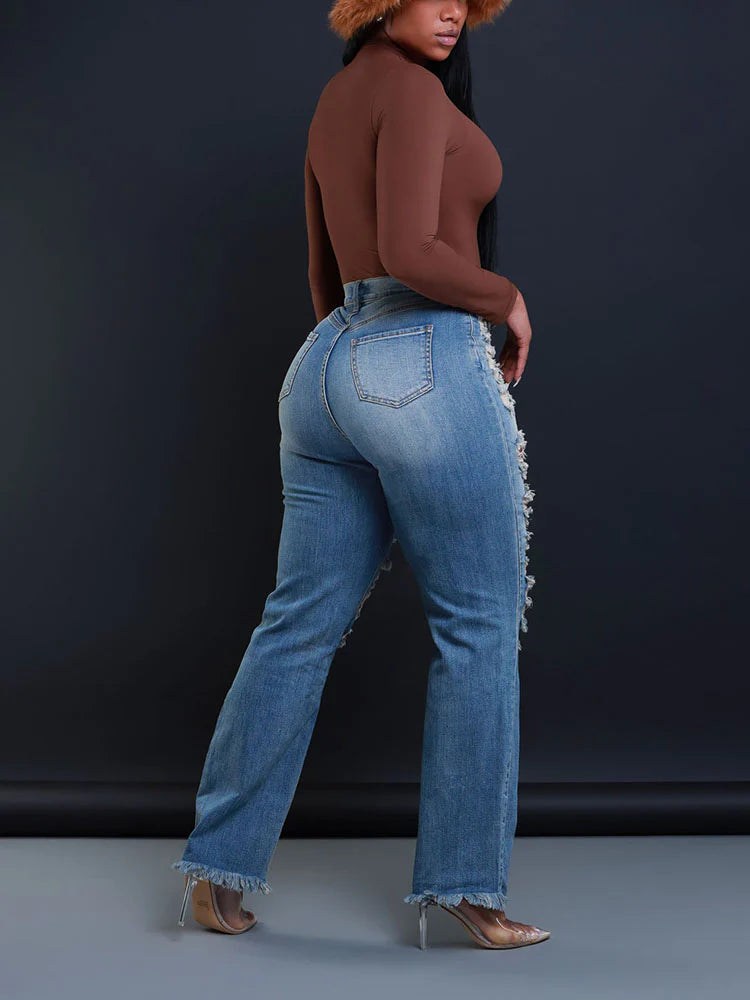 Distressed Asymmetrical Zip Jeans