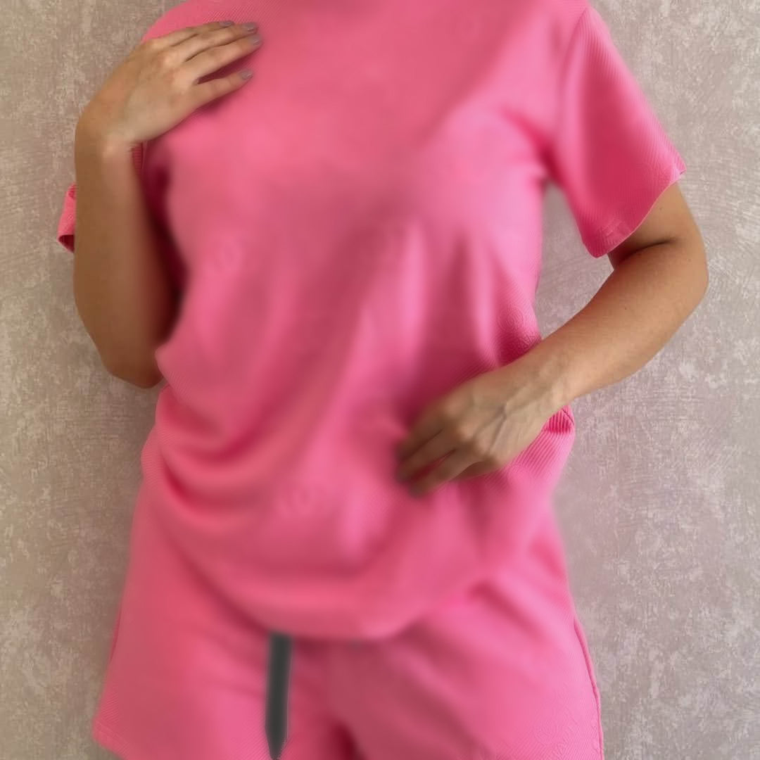 Embossed Embroidered Short-sleeved Shirt+Shorts
