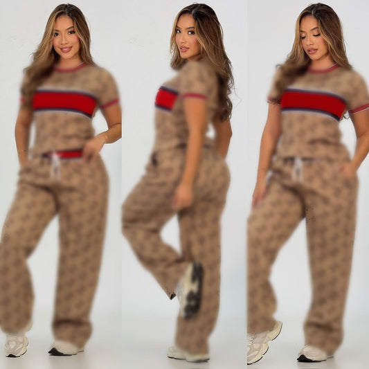 Knitted short-sleeved top + slightly wide-leg