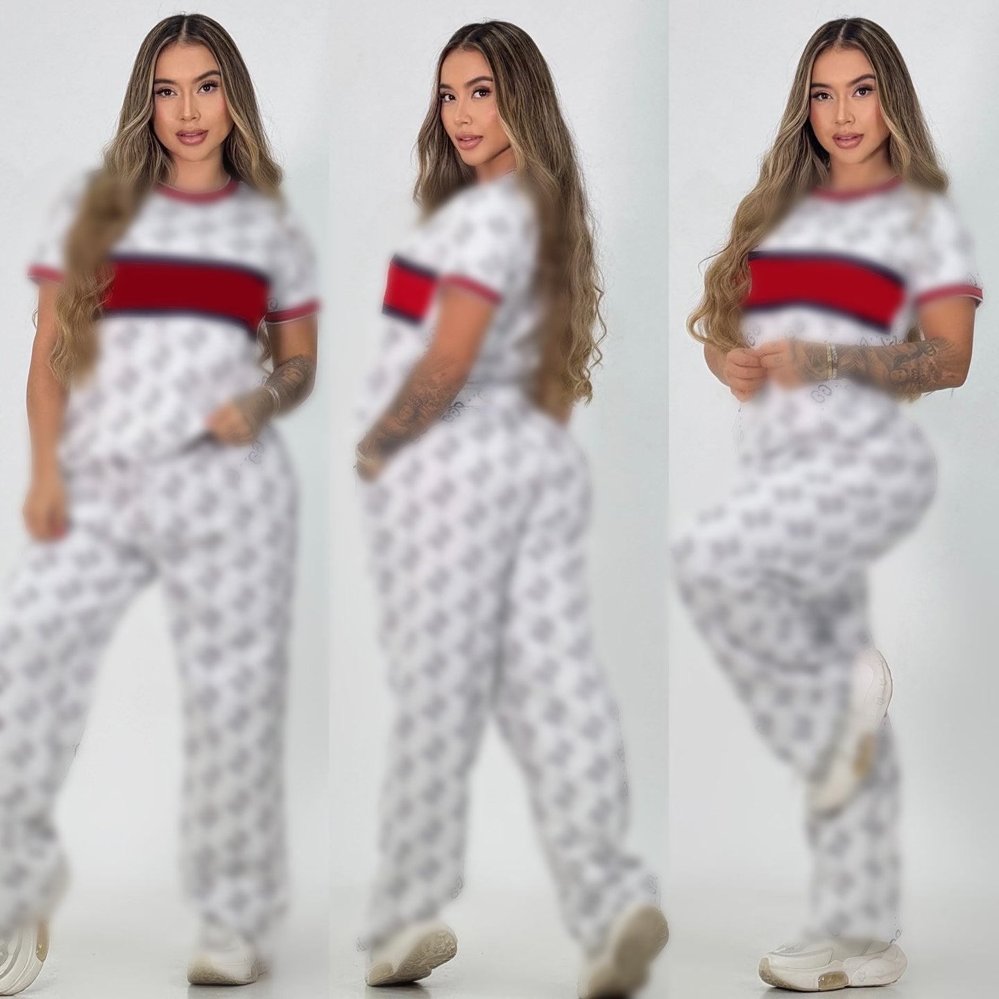 Knitted short-sleeved top + slightly wide-leg