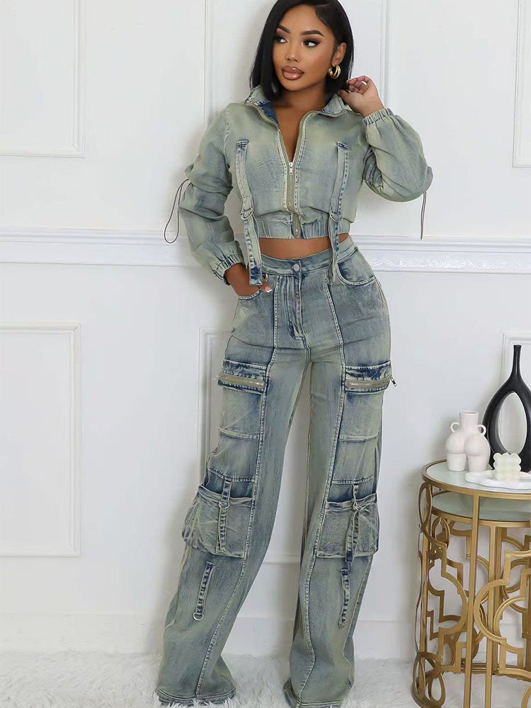 Long Sleeve Two Piece Denim Outfits