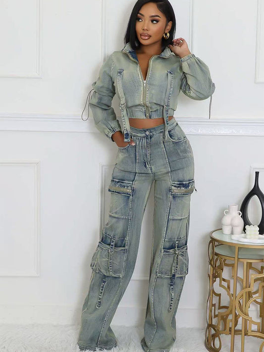 Long Sleeve Two Piece Denim Outfits