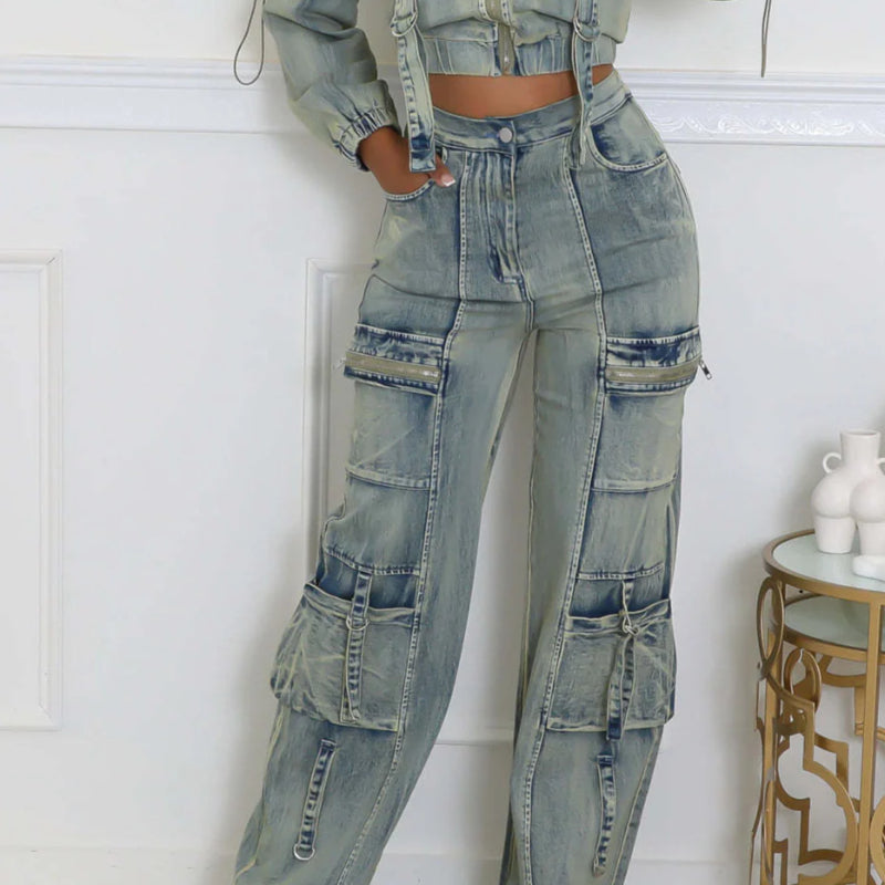 Long Sleeve Cropped Jean Jacket Cargo Pants with Pockets