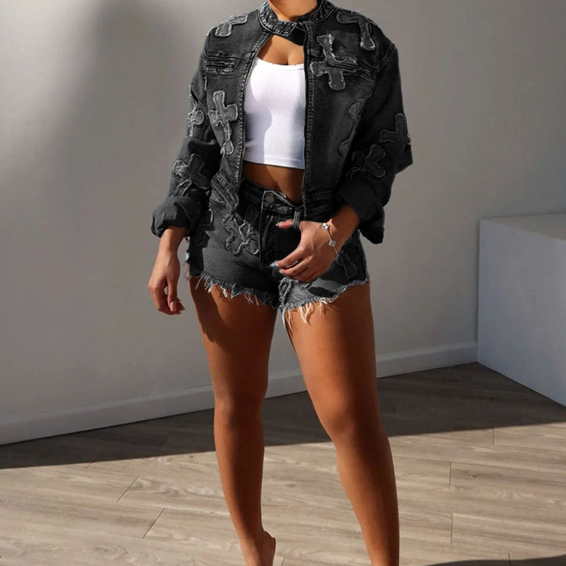Embroidered cross stretch shorts set
