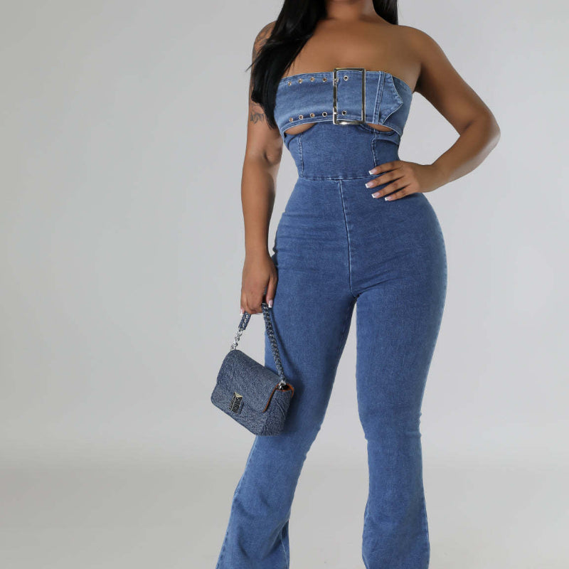 Bandeau backless drawstring denim jumpsuit