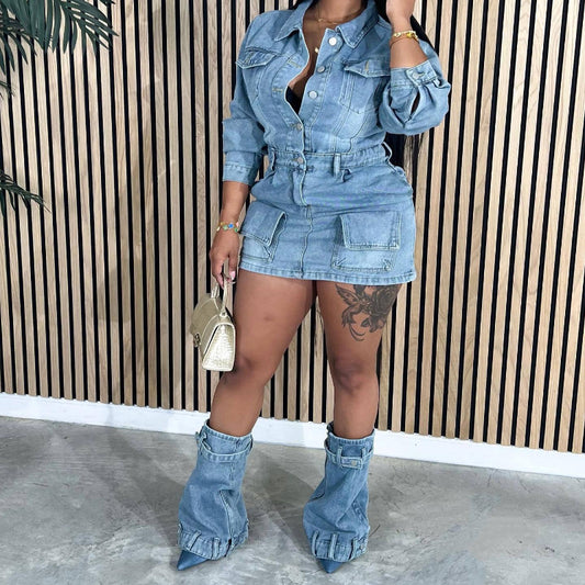 Sexy multi-pocket washed denim dress trio